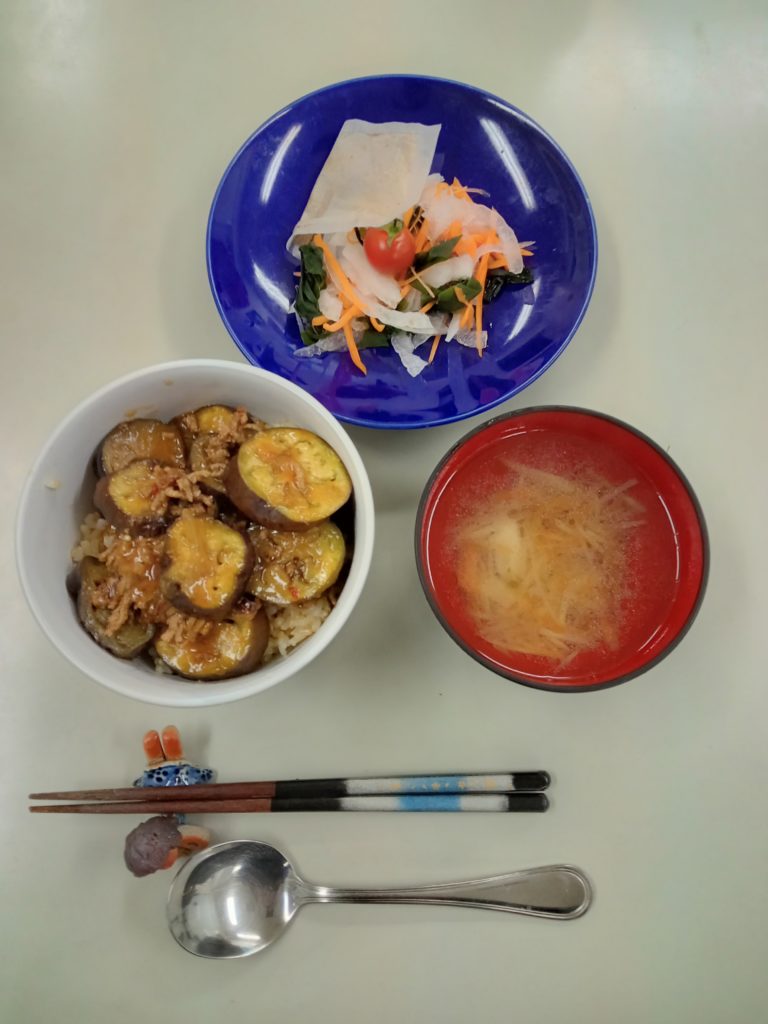 マーボー茄子丼、サラダ、ジンジャースープ