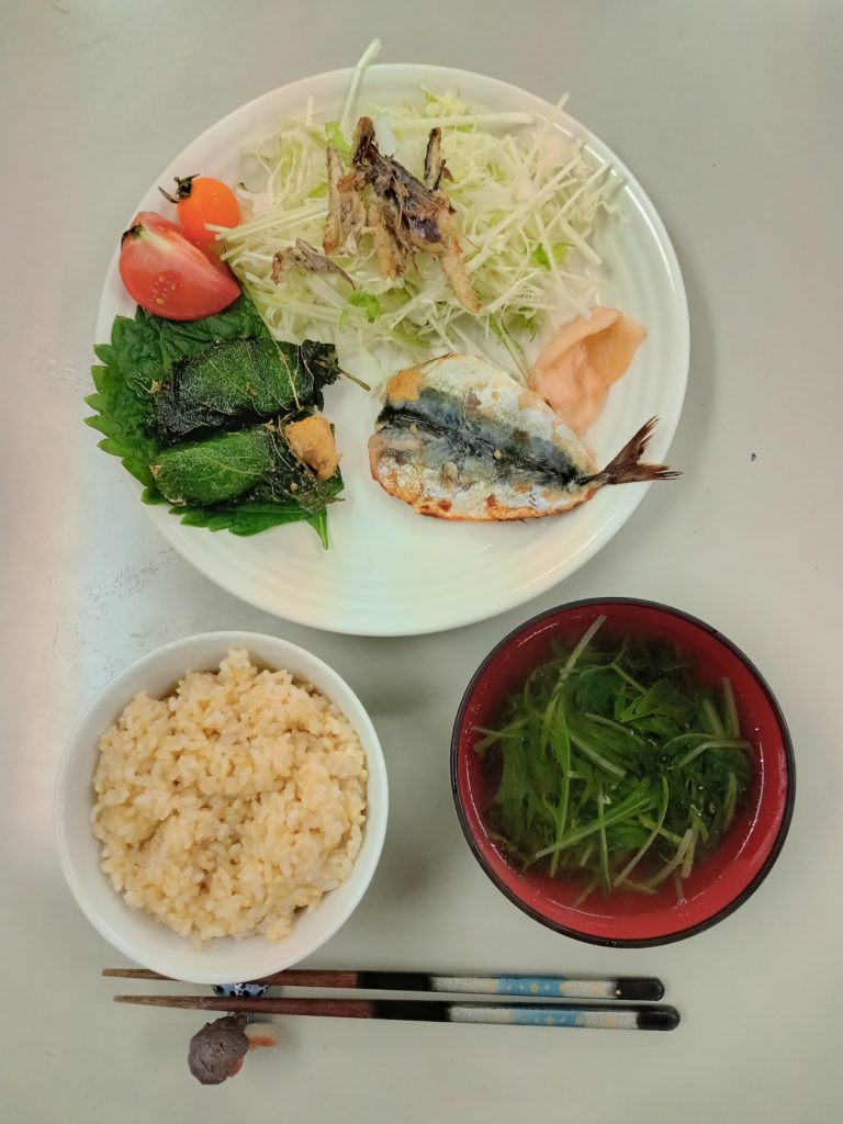 鶏むね肉のシソ巻揚げ、小鯖の粕漬焼き、サラダ、おすまし、ご飯