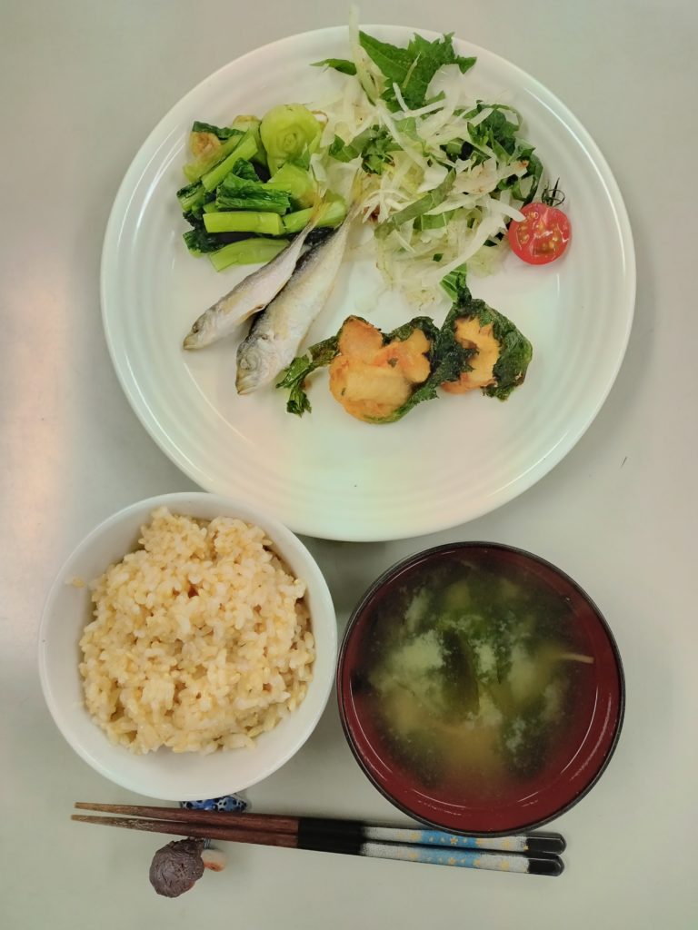 鶏のシソ巻揚げ、アジのから揚げ、小松菜お漬物、サラダ、お味噌汁、ごはん
