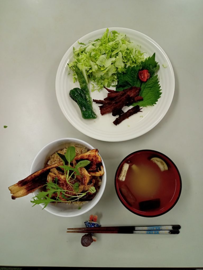アナゴの蒲焼丼、アナゴボーン、サラダ、お味噌汁