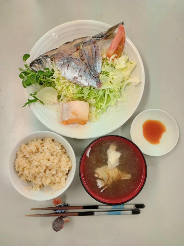 マアジのお刺身、サケのはらす焼き、サラダ、お味噌汁、ごはん