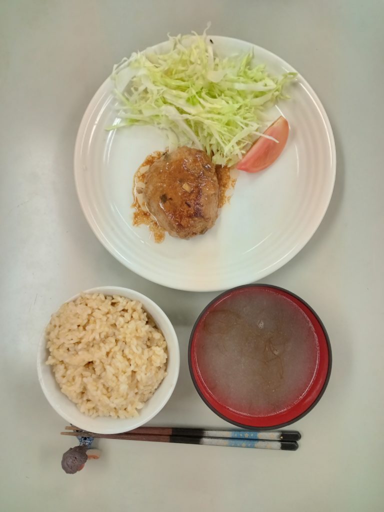 ナスのハンバーグ、サラダ、お味噌汁、ごはん