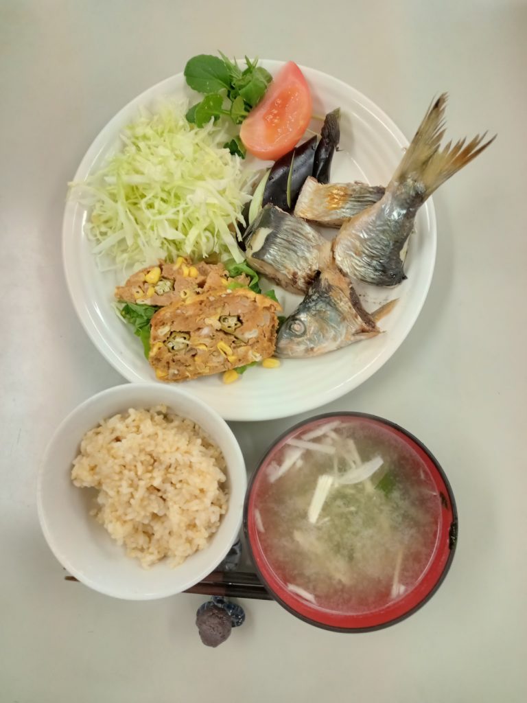ミートローフ、ニシンの塩焼き、サラダ、お味噌汁、ごはん