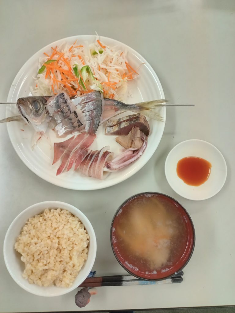 マアジ、スルメイカお刺身、カツオのたたき、サラダ、お味噌汁、ごはん