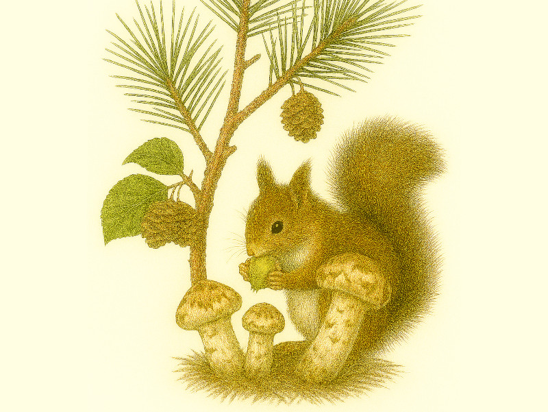 赤松、松茸、リス