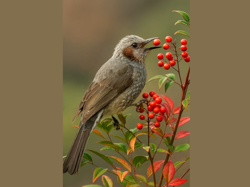 南天にヒヨドリ