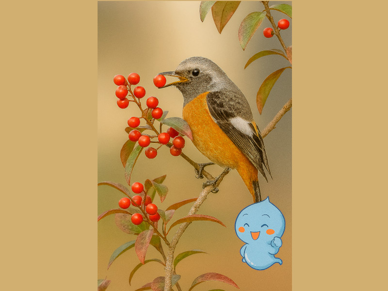 ウメモドキにジョウビタキ