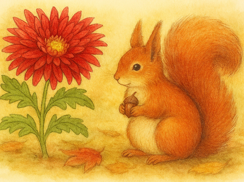 ホンドリスと赤い菊