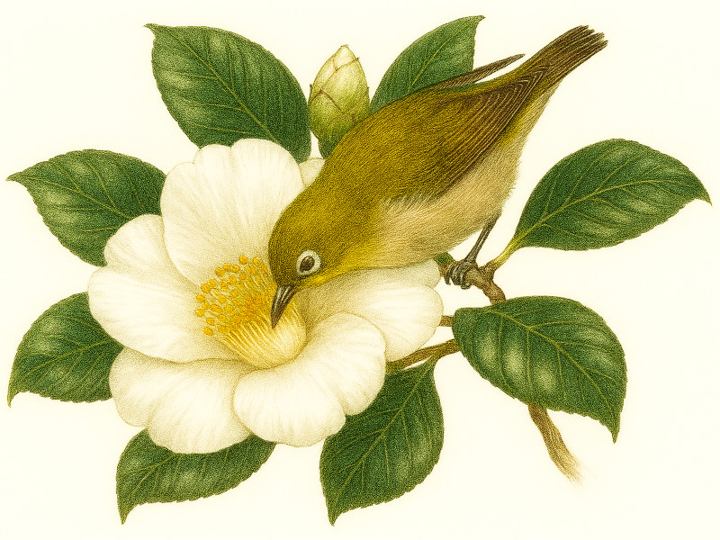 白ツバキを訪れるメジロ（目白）