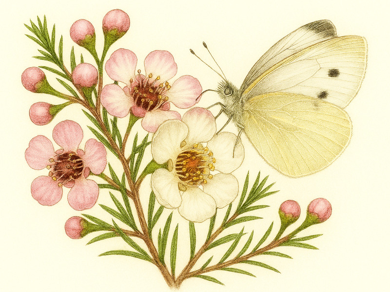 ワックスフラワー（waxflower）に紋白蝶さんが訪問