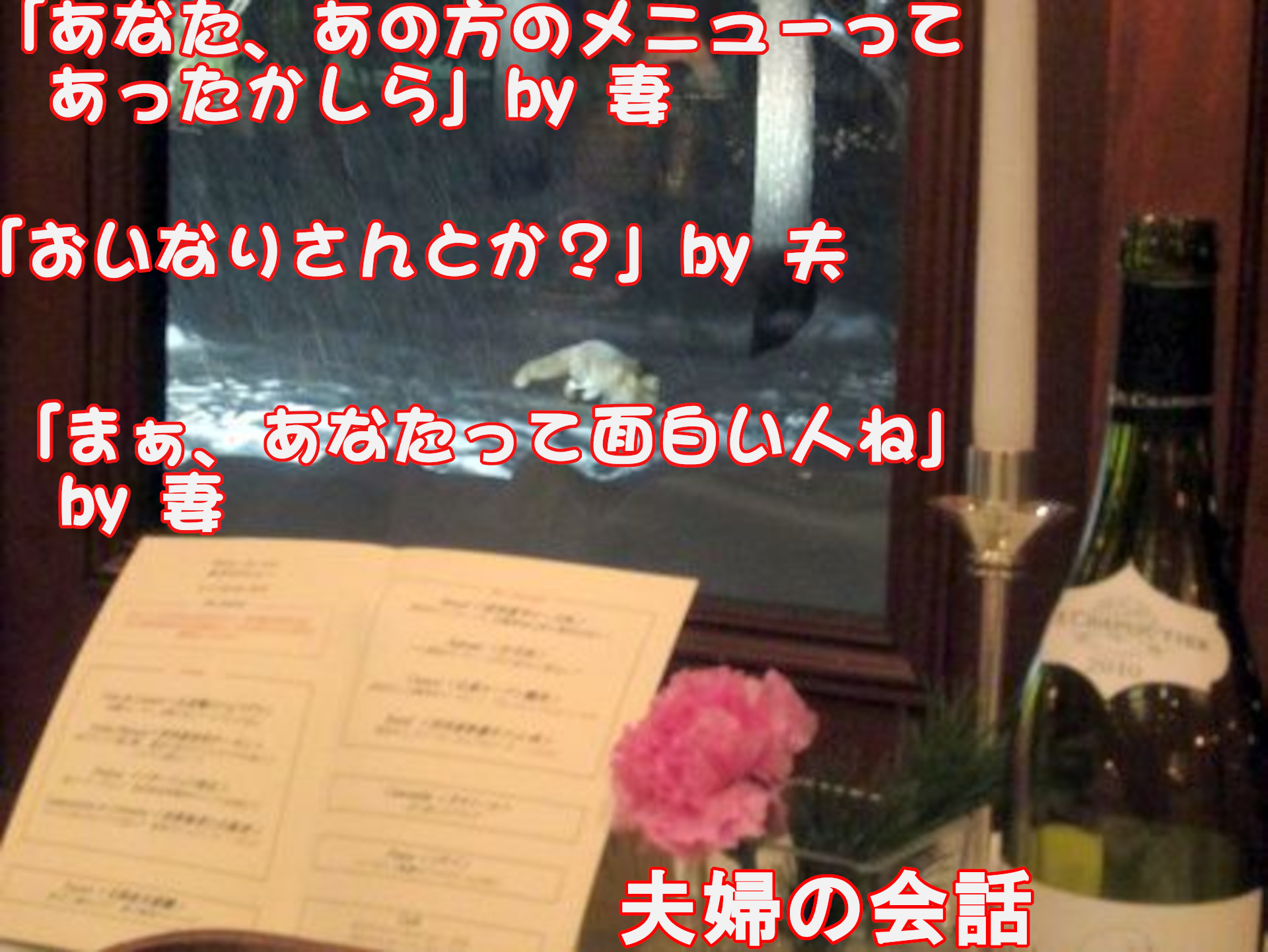 ホンドギツネ
「あなた、あの方のメニューってあったかしら」ｂｙ妻
「おいなりさんとか？」ｂｙ夫
「まぁ、あなたって面白い人ね」ｂｙ妻
夫婦の会話
